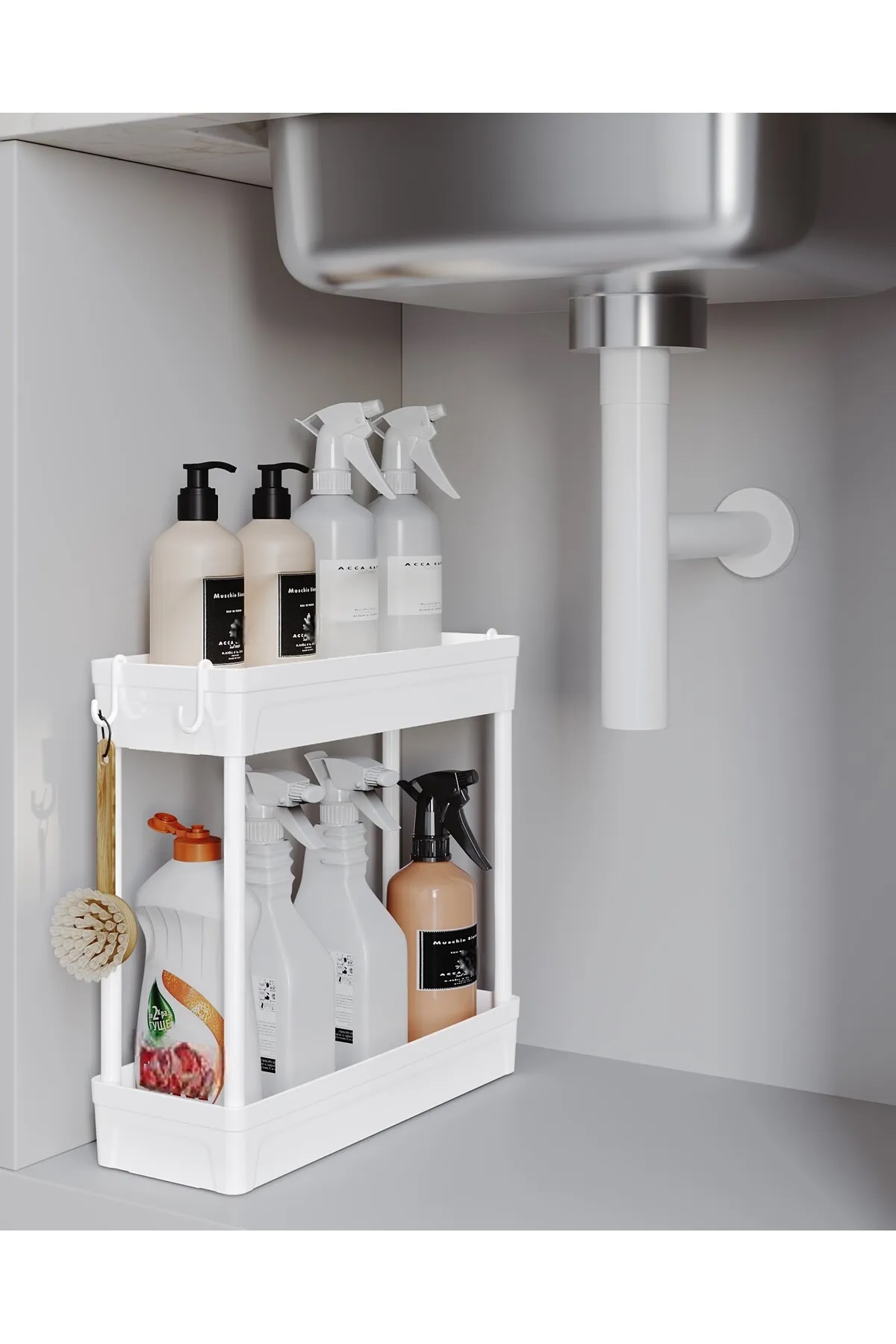 Rafata Çok Amaçlı 2 Katlı Evye Altı Düzenleyici Askılı Banyo Dolap İçi Organizeri Rafı Standı