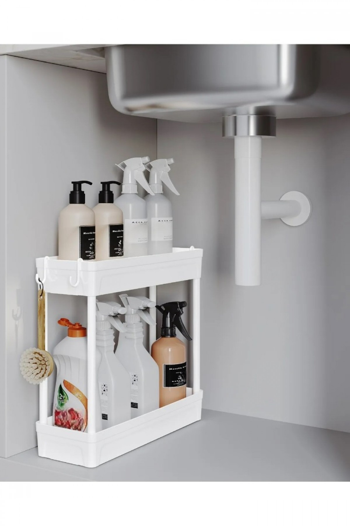 Rafata Çok Amaçlı 2 Katlı Evye Altı Düzenleyici Askılı Banyo Dolap İçi Organizeri Rafı Standı