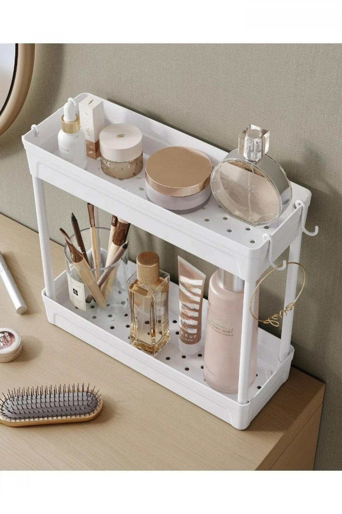 Rafata Çok Amaçlı 2 Katlı Evye Altı Düzenleyici Askılı Banyo Dolap İçi Organizeri Rafı Standı