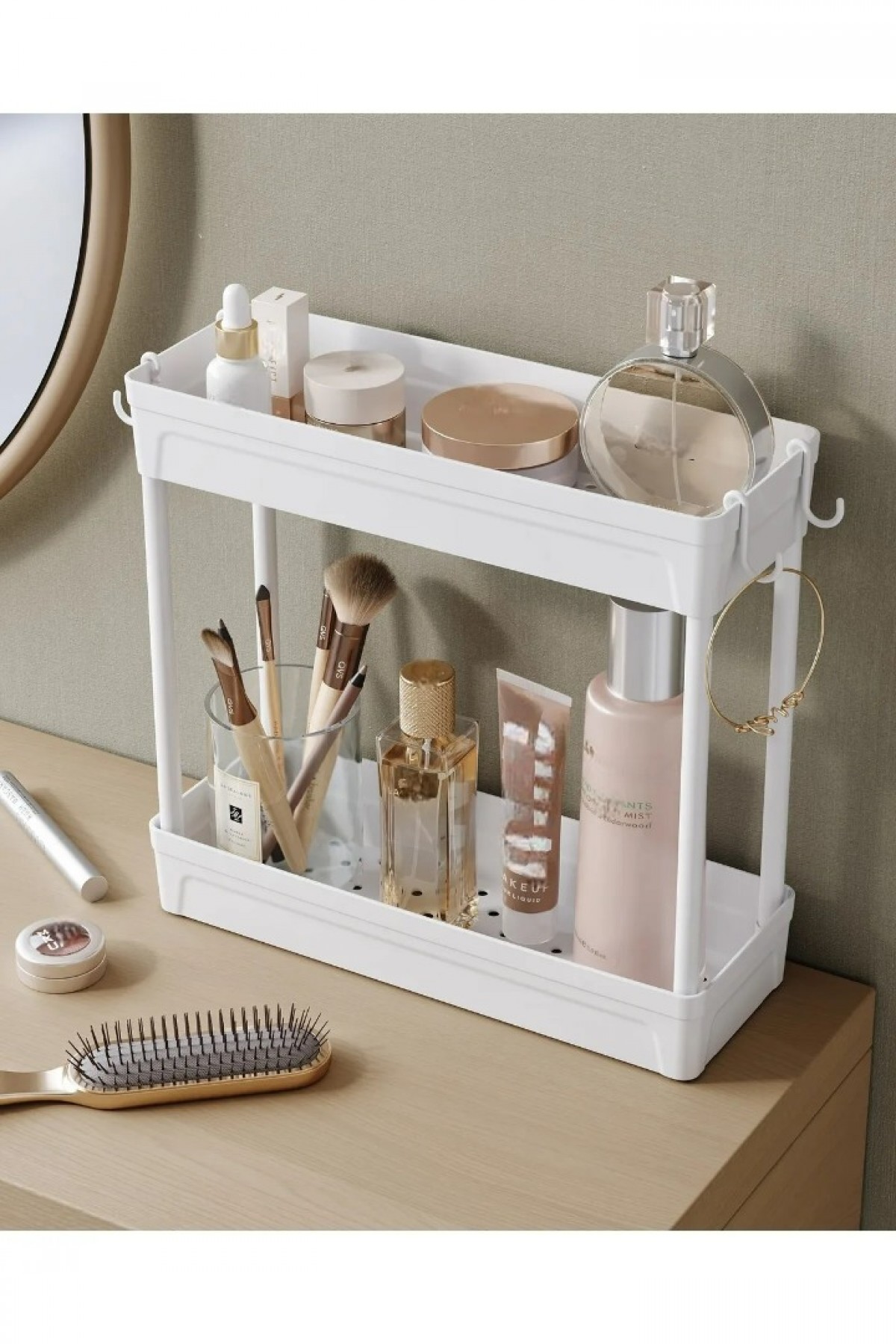 Rafata Çok Amaçlı 2 Katlı Evye Altı Düzenleyici Askılı Banyo Dolap İçi Organizeri Rafı Standı