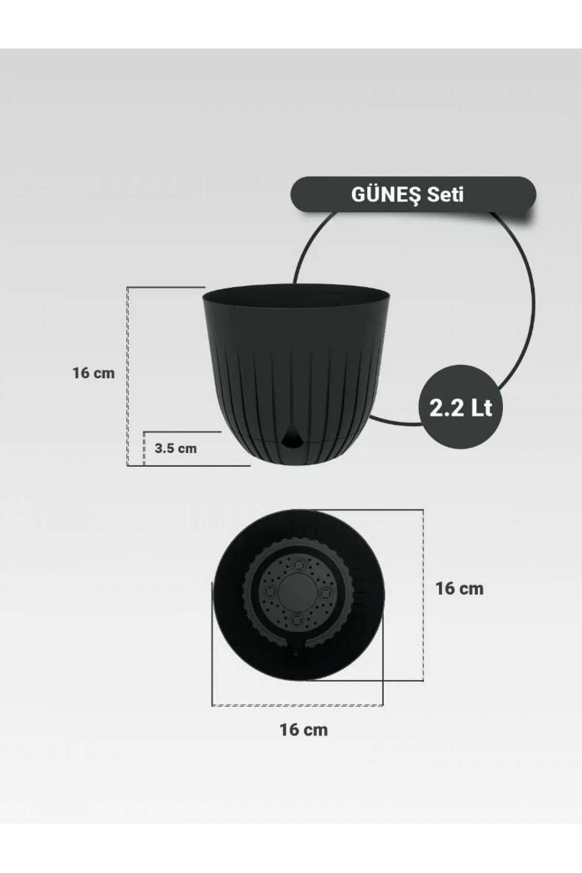 2 Adet 5 Litre ve 2 Adet 2.2 Litre Dekoratif Plastik Saksı Seti, Antrasit Rengi