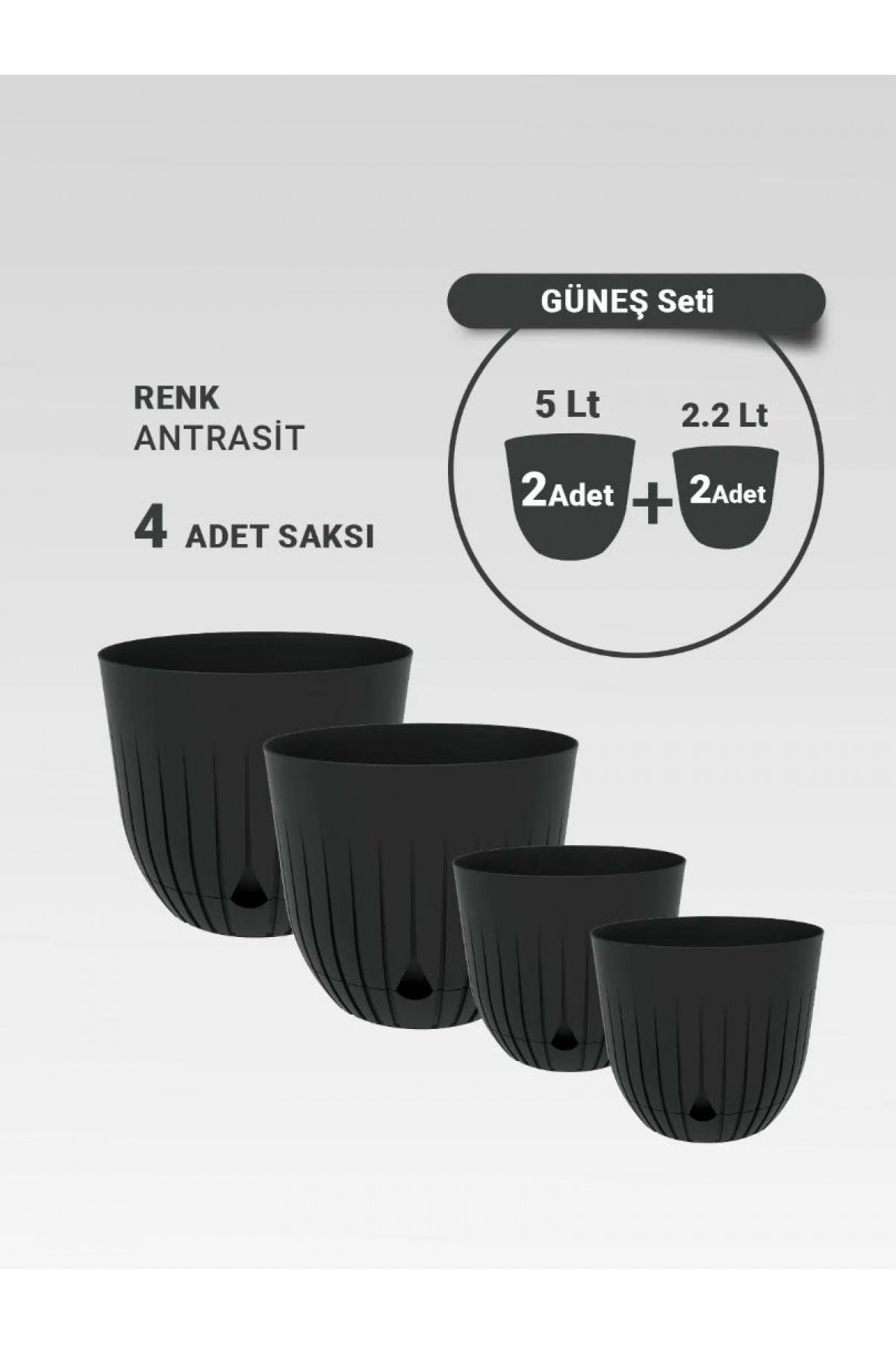 2 Adet 5 Litre ve 2 Adet 2.2 Litre Dekoratif Plastik Saksı Seti, Antrasit Rengi