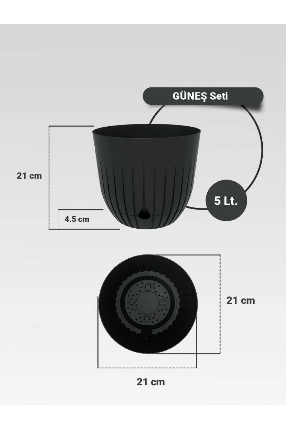 2 Adet 5 Litre ve 2 Adet 2.2 Litre Dekoratif Plastik Saksı Seti, Antrasit Rengi
