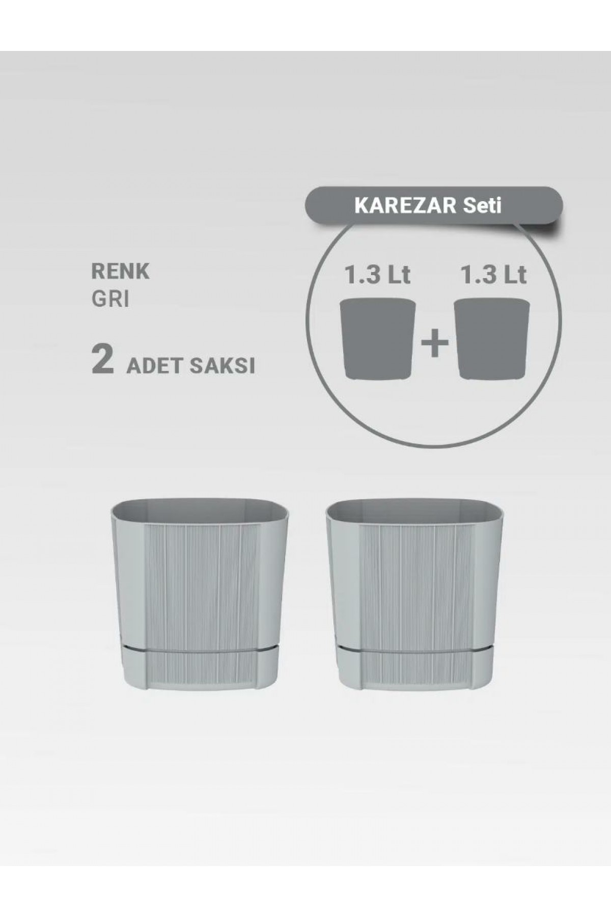 Karezar Seti – 2 Adet Kare Şekilli Küçük Saksı, Gri Renk (1.3 Litre)