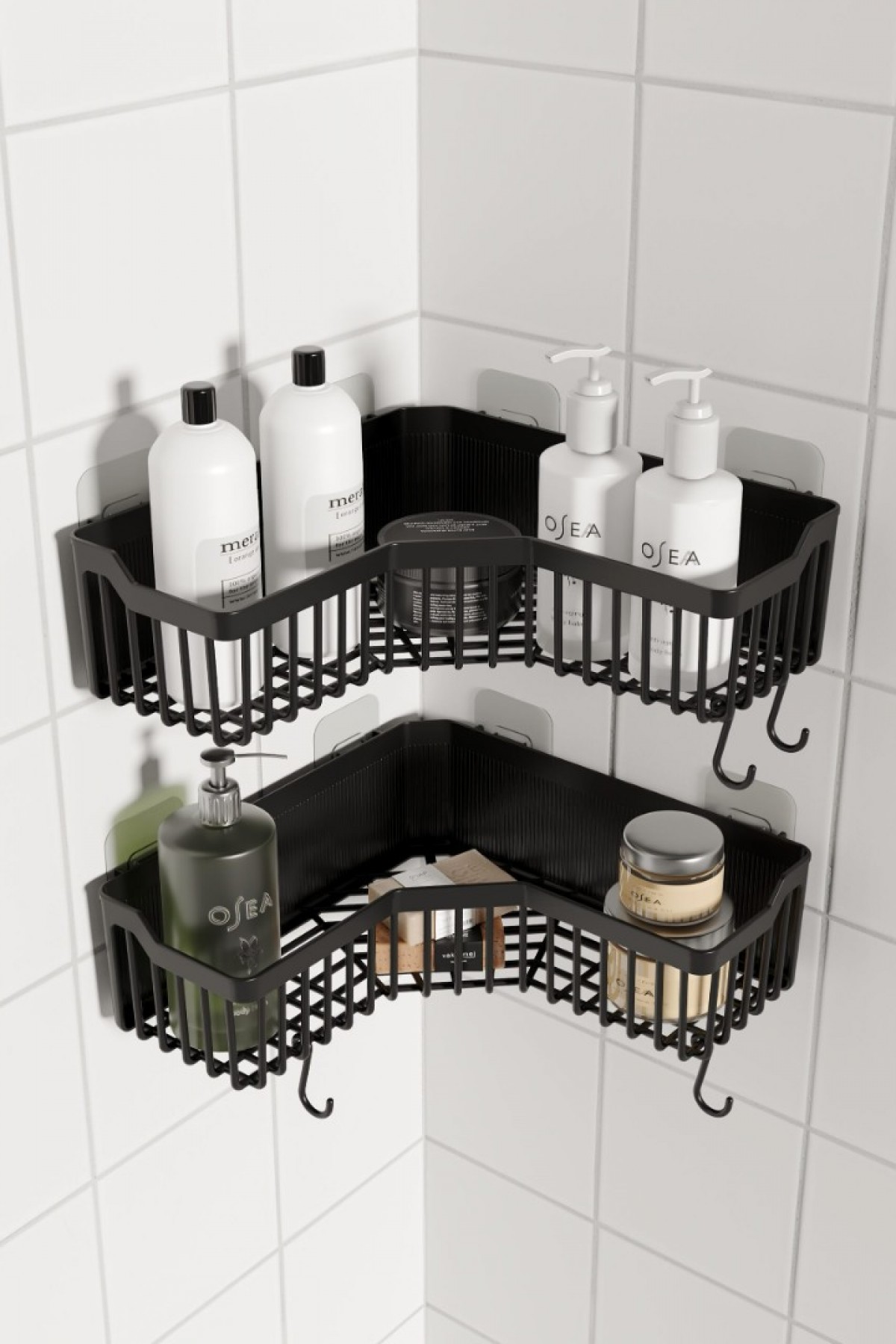 Banyor Yapışkanlı Banyo Köşeliği Rafı 2’li Banyo Düzenleyici Duvar Duş Rafı Banyo Köşe Şampuanlık Siyah