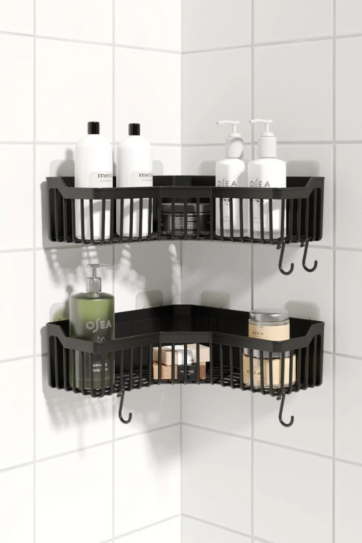 Banyor Yapışkanlı Banyo Köşeliği Rafı 2’li Banyo Düzenleyici Duvar Duş Rafı Banyo Köşe Şampuanlık Siyah