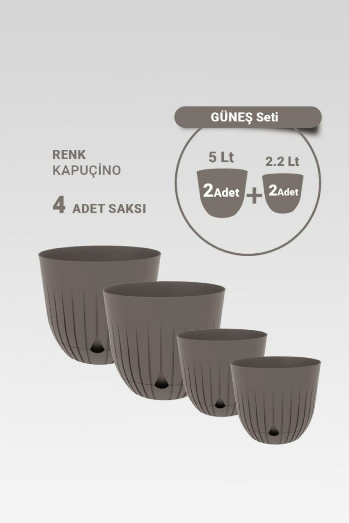 2 Adet 5 Litre Ve 2 Adet 2.2 Litre Dekoratif Plastik Saksı Seti kapuçino rengi