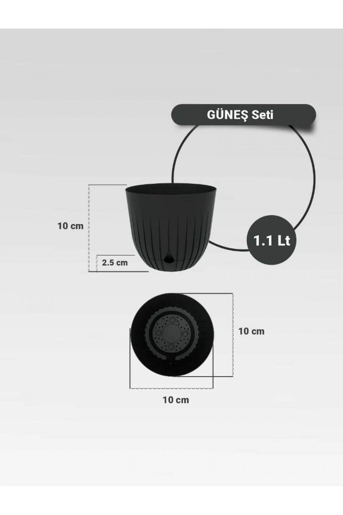 3 Adet 1.1 Litre Dekoratif Plastik Saksı Seti, Antrasit Rengi