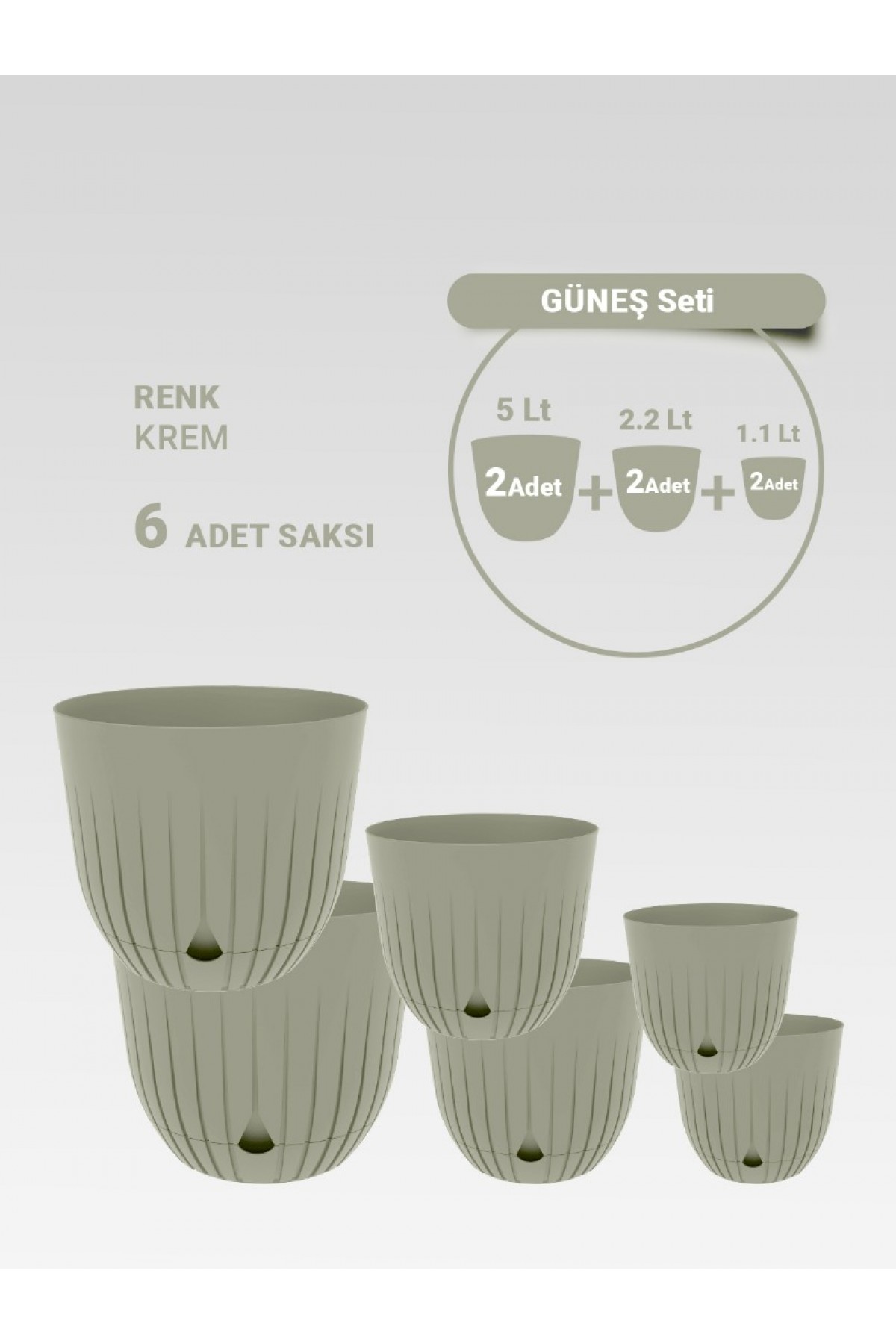 6 Adet Dekoratif Plastik Saksı Seti (2x 5 Litre, 2x 2.2 Litre, 2x 1.1 Litre), Krem Rengi 6 Adet Dekoratif Plastik Saksı Seti (2x 5 Litre, 2x 2.2 Litre, 2x 1.1 Litre), Krem Rengi