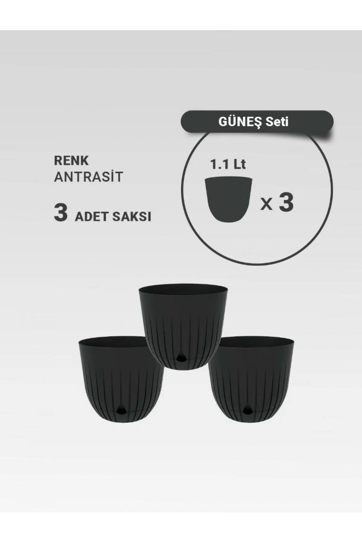 3 Adet 1.1 Litre Dekoratif Plastik Saksı Seti, Antrasit Rengi