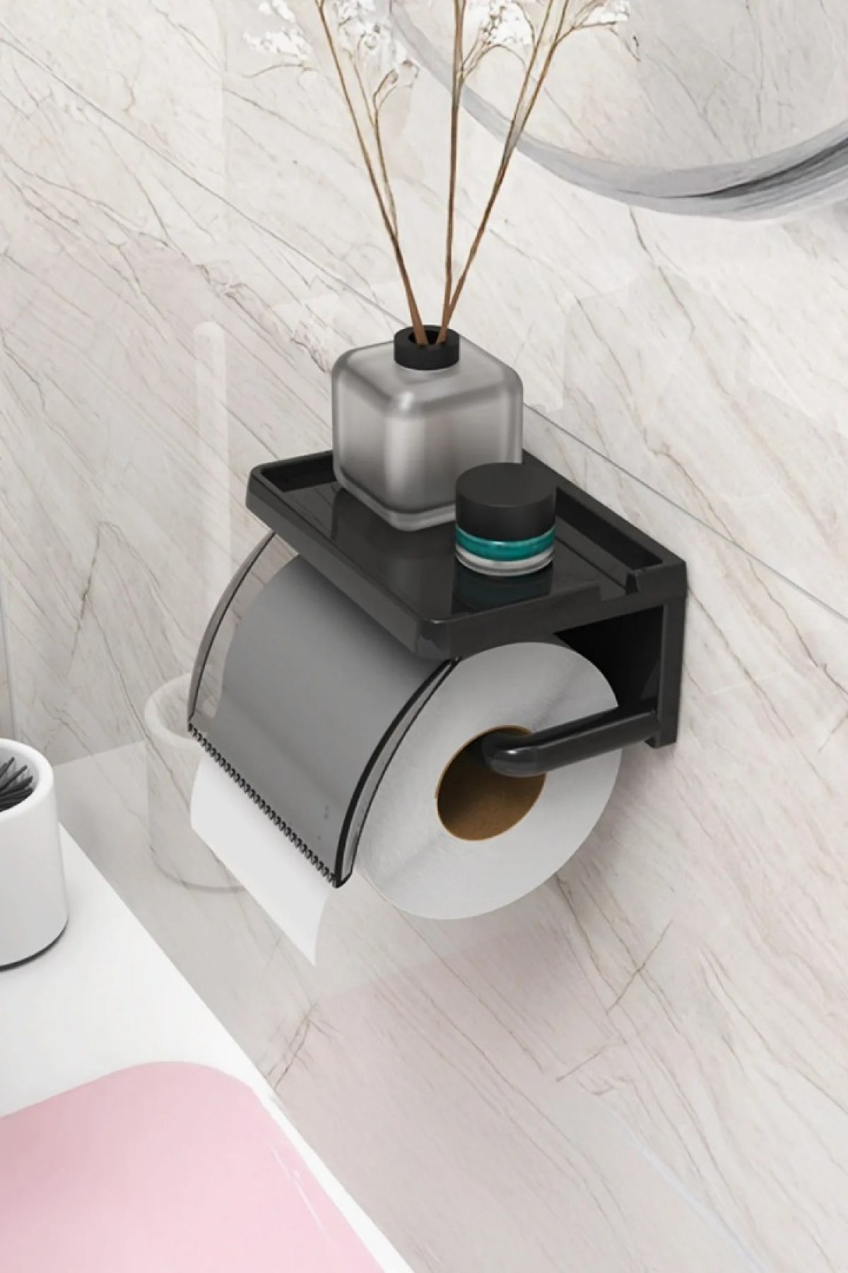 Yapışkanlı Kapaklı Tuvalet Kağıdı Askısı Banyo Tuvalet Kağıtlığı Aparatı Peçetelik Organizer Plastik
