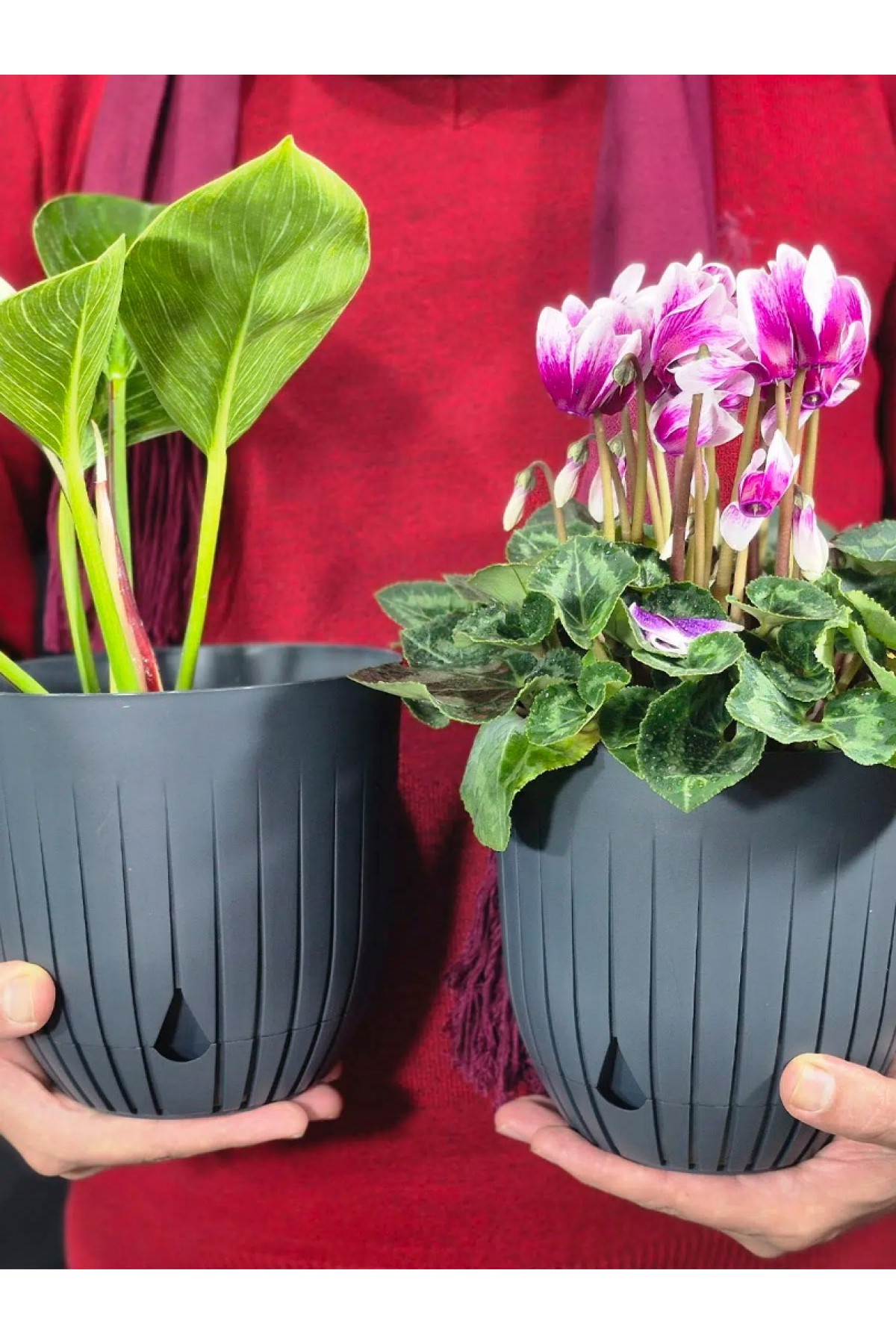İki adet 5 litrelik dekoratif plastik saksı seti, Antrasit rengi