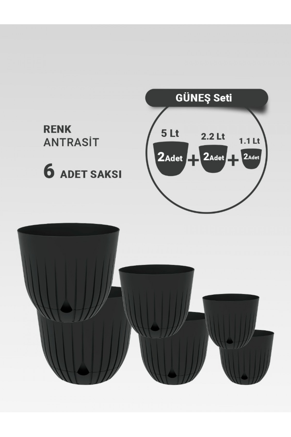 6 Adet Dekoratif Plastik Saksı Seti (2x 5 Litre, 2x 2.2 Litre, 2x 1.1 Litre), Antrasit Rengi 6 Adet Dekoratif Plastik Saksı Seti (2x 5 Litre, 2x 2.2 Litre, 2x 1.1 Litre), Antrasit Rengi