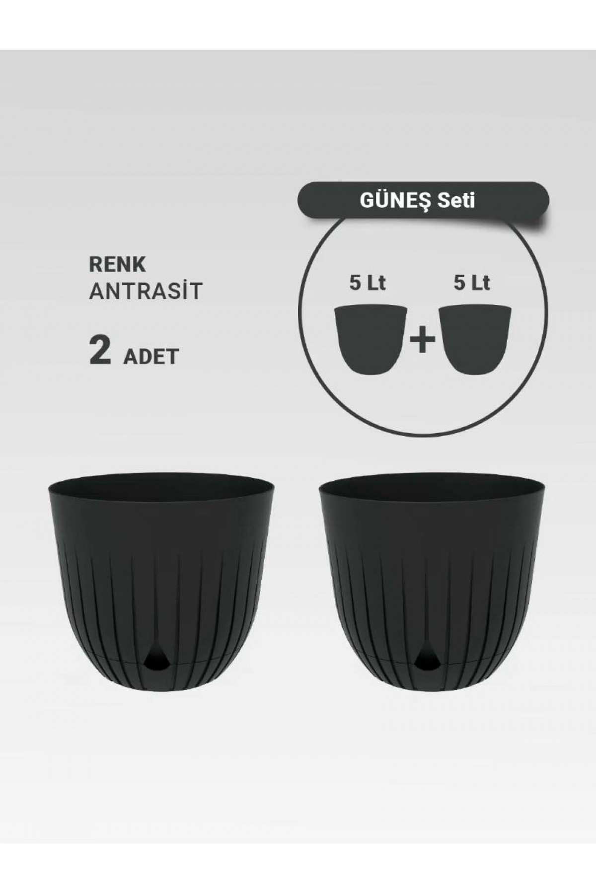 İki adet 5 litrelik dekoratif plastik saksı seti, Antrasit rengi